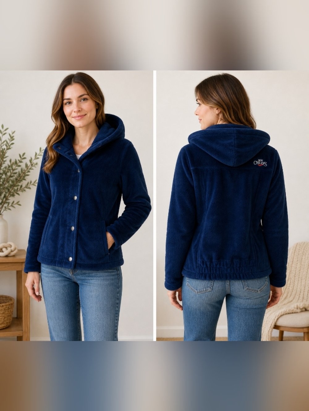 hot chilys fleece jacket womens blue full zip snap hooded soft cozy casual m